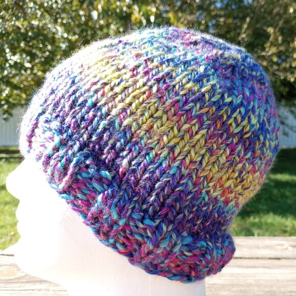 Men's Beanie Hat Cap Handmade Knit Slouch Delphinium Blue Chunky Women - Picture 2 of 9